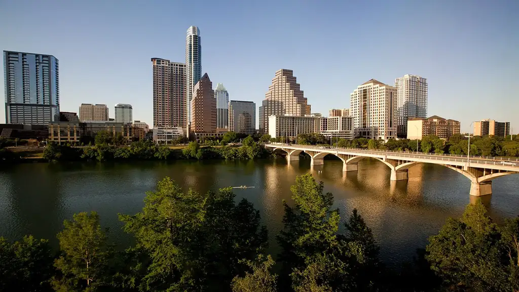 The Austin, Texas skyline at sunset above Lady Bird Lake