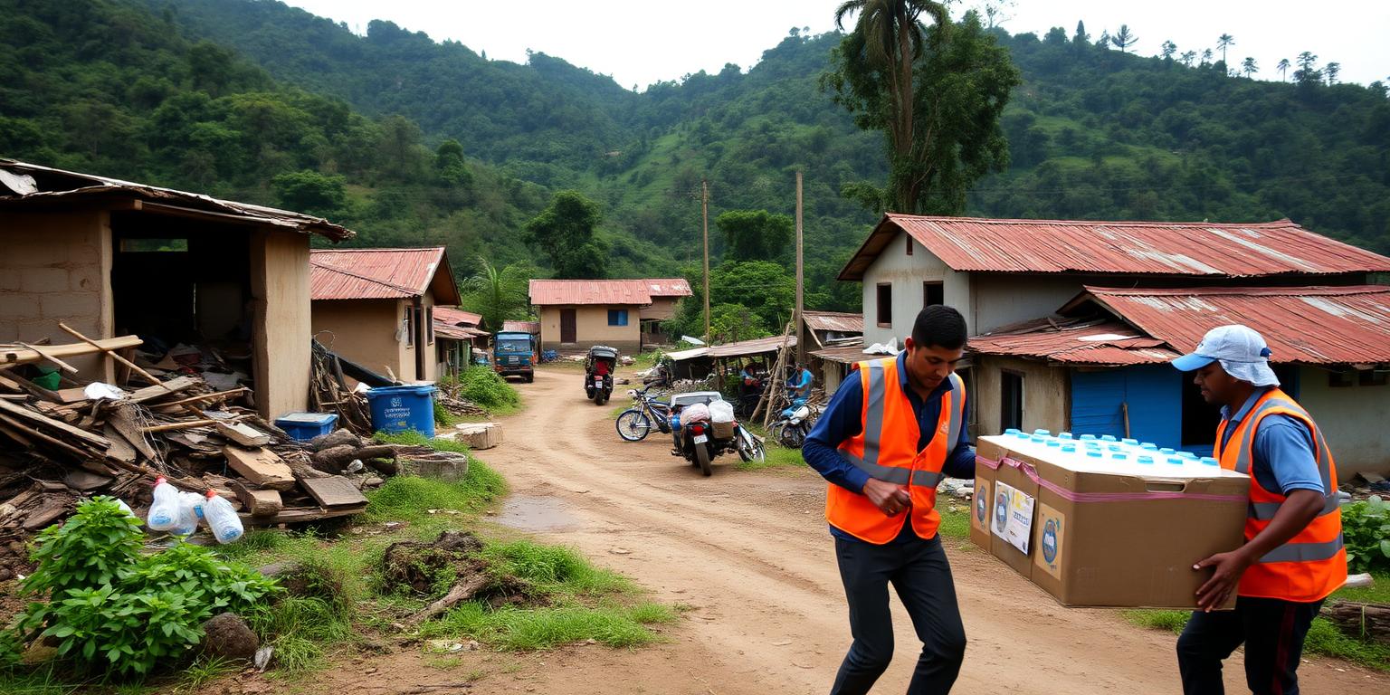 Relief workers unloading water and supplies in an earthquake-affected Colombian town