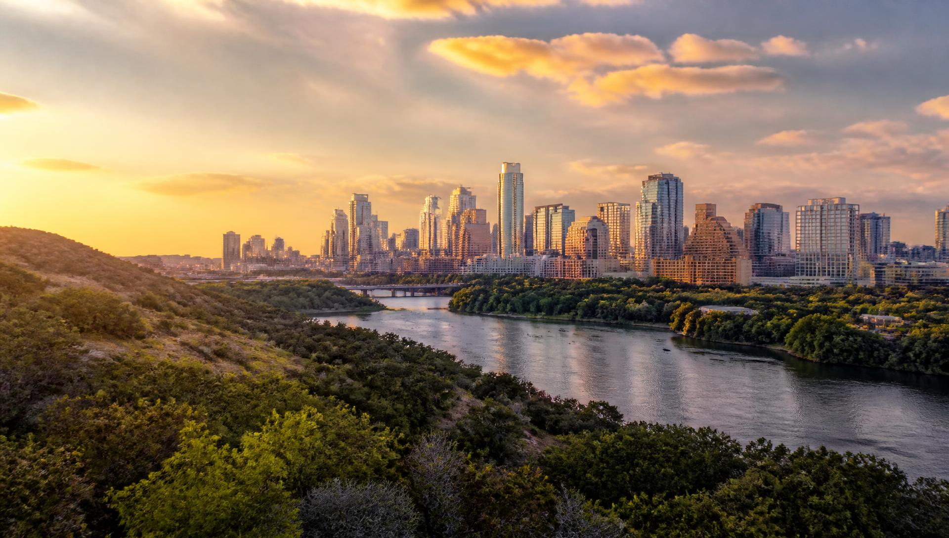 Austin skyline at golden hour above the Texas Hill Country